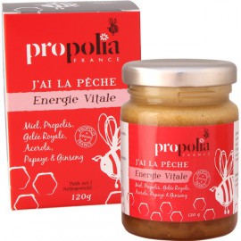 Propolia, J'ai la pêche, Energie vitale : Miel, Propolis, Gelée Royale, Acérola, Papaye, Ginseng. Pot 